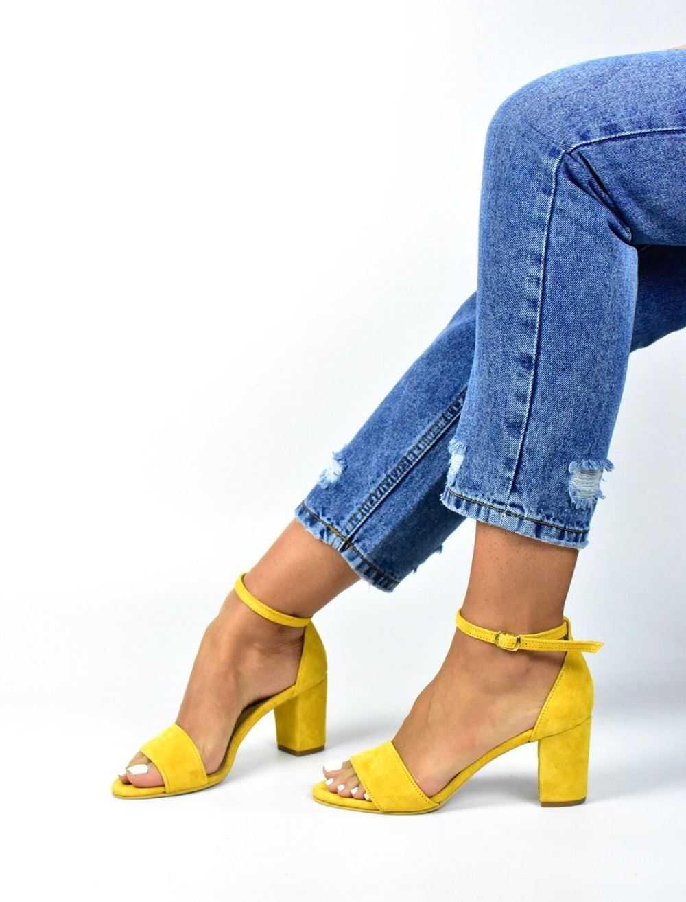 yellow suede block heels